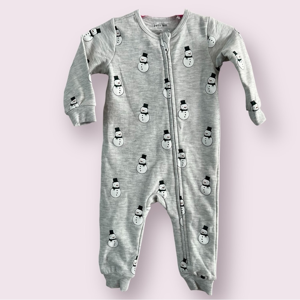 Petit Lem Holiday Snowman one piece fleece lined sleeper Baby 18 months Gray